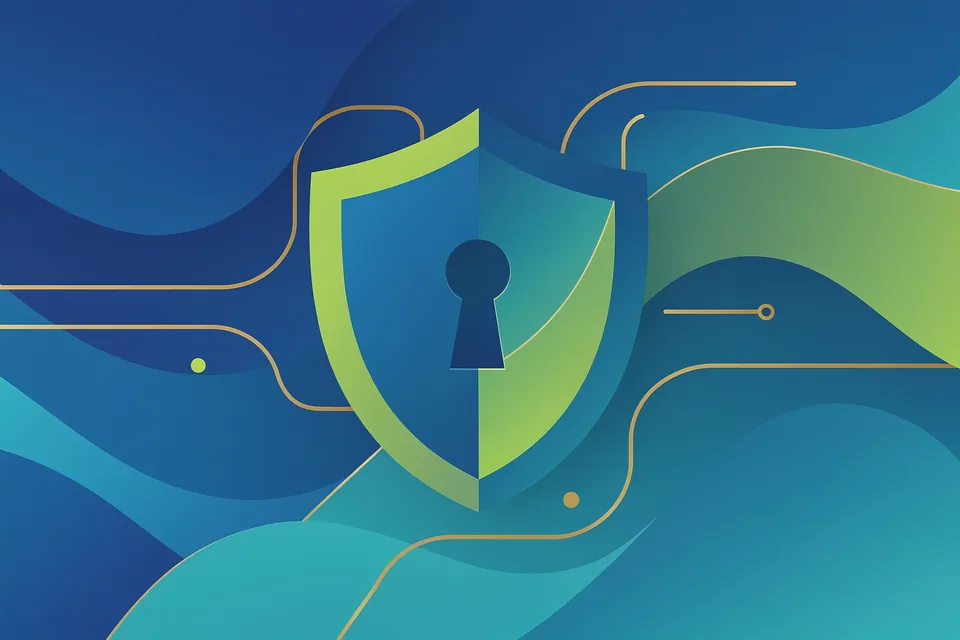 Abstract auth and security illustration with shield and token flow motifs