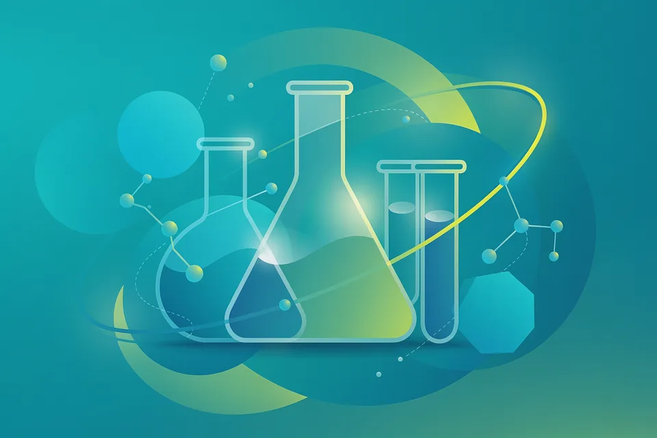 Abstract chemistry illustration with molecule motifs and lab glass silhouettes